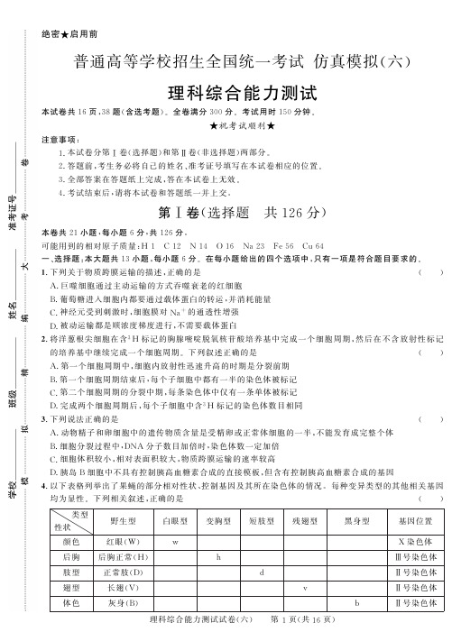 2018年黑龙江省普通高等学校招生全国统一考试仿真模拟(六)理综试卷