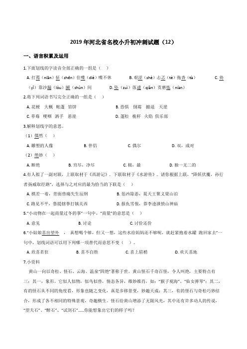 六年级下册语文试题--2019年河北省名校小升初冲刺试题(12)   人教课标( 含答案)