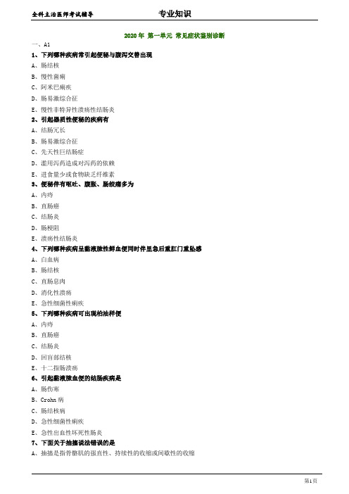 全科医学主治医师专业知识：2020年 第一单元 常见症状鉴别诊断 练习题及答案