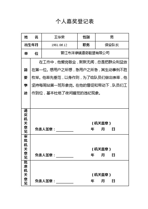 王华荣个人嘉奖登记表