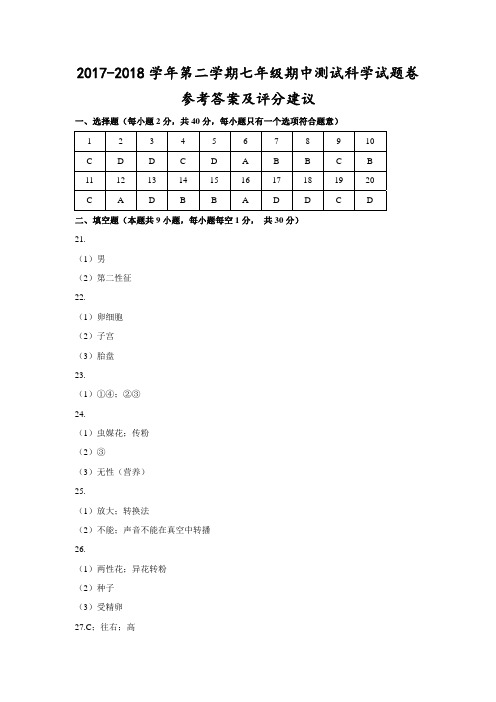 (嘉兴)2017-2018学年第二学期七年级期中测试-科学试题卷参考答案及评分建议