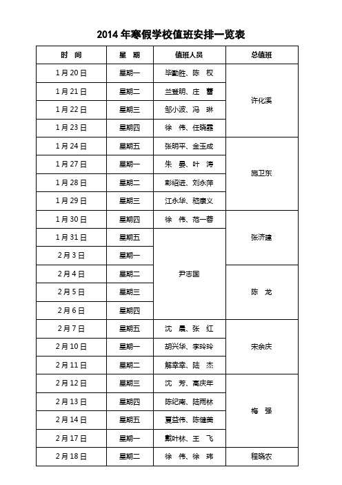 2014年寒假学校值班安排一览表