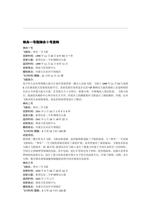 神舟一号到神舟十一号飞船简介