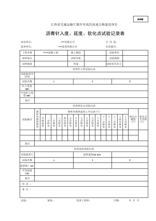 沥青针入度、延度、软化点试验记录表