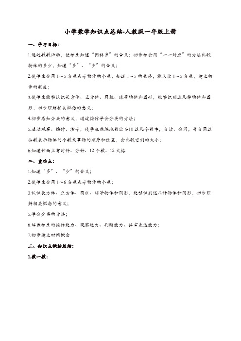 【精品】2019新人教版一年级数学上册知识点总结