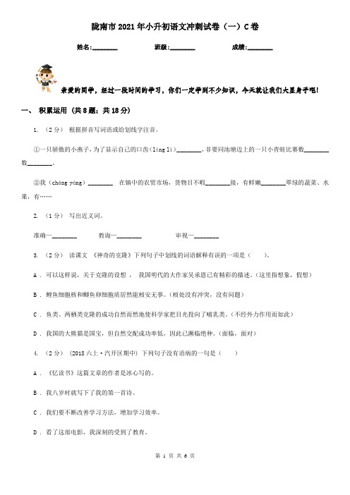 陇南市2021年小升初语文冲刺试卷(一)C卷