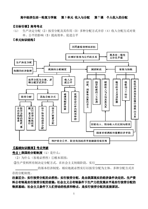 高中经济生活一轮复习学案   第7课  个人收入的分配