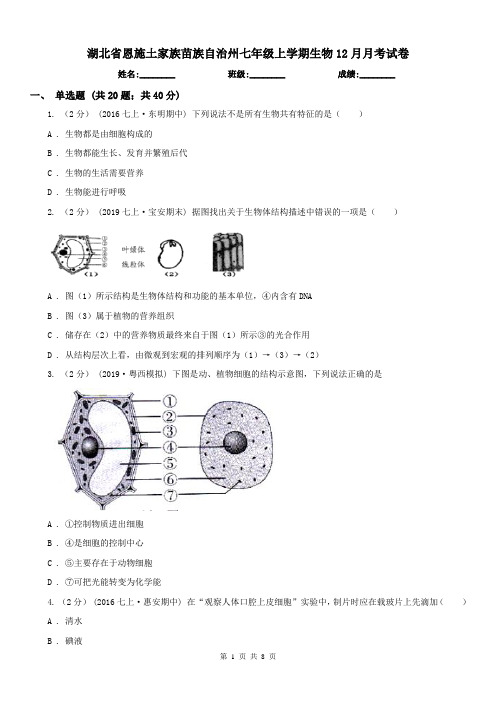 湖北省恩施土家族苗族自治州七年级上学期生物12月月考试卷