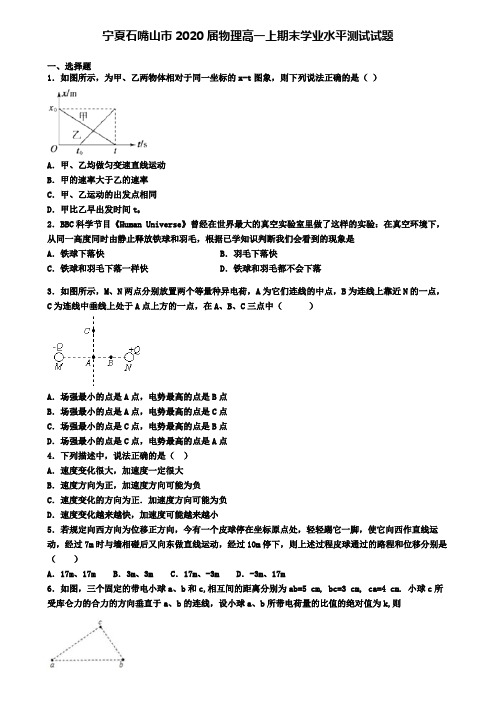 宁夏石嘴山市2020届物理高一上期末学业水平测试试题