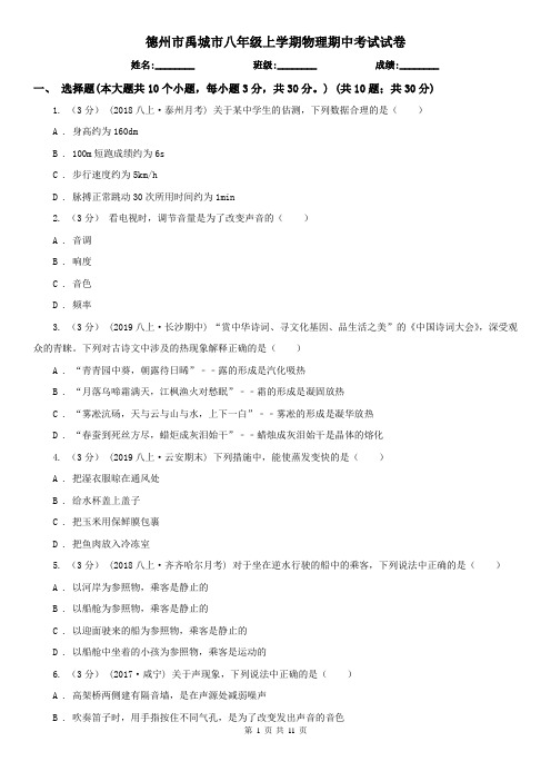 德州市禹城市八年级上学期物理期中考试试卷