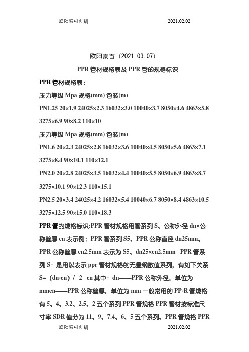 PPR管材规格表及PPR管的规格标识之欧阳家百创编