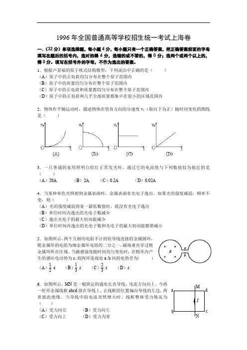 高中物理：1996年上海高考