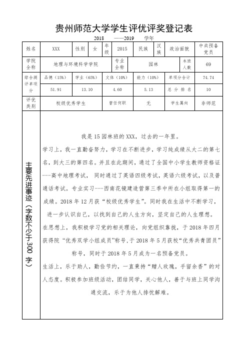 贵州师范大学学生评优评奖登记表2019