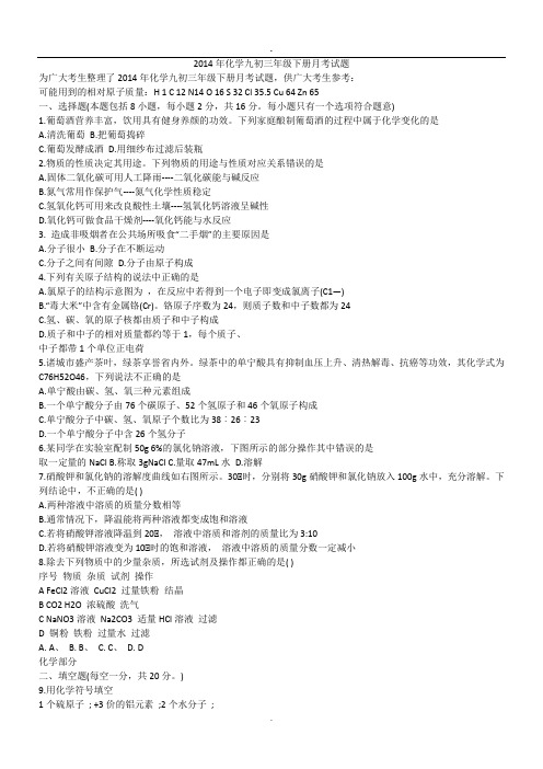 2014年化学九初三年级下册月考试题.doc