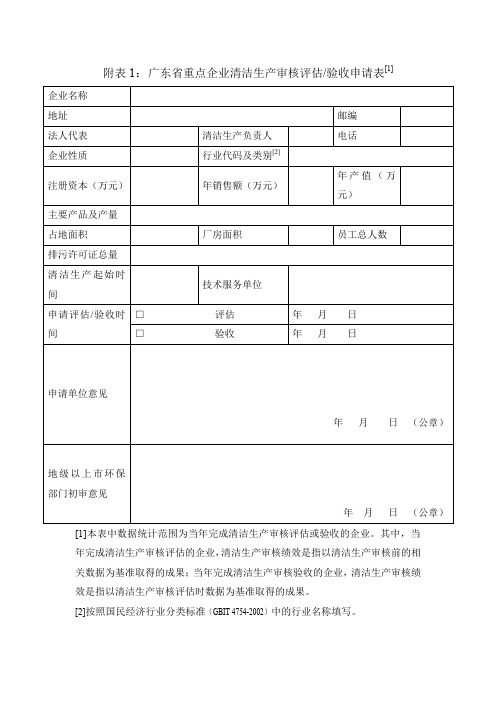 附表1广东省重点企业清洁生产审核评估验收申请表[1]