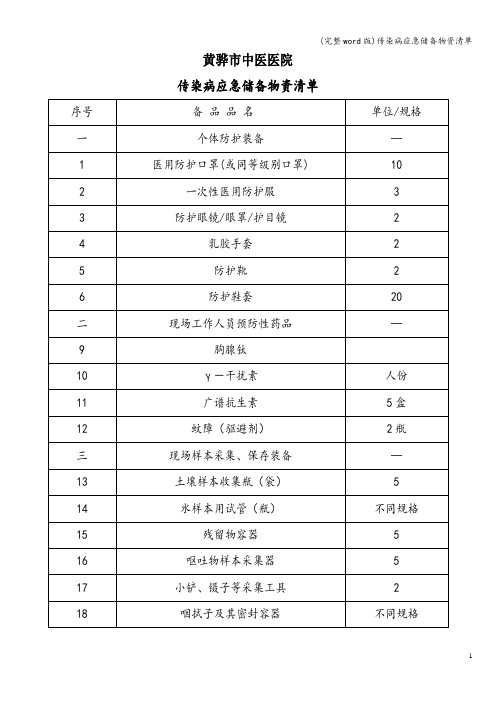 (完整word版)传染病应急储备物资清单