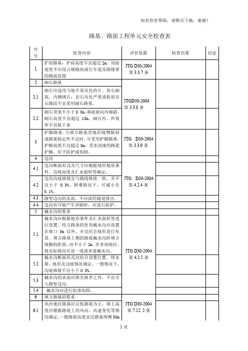 路基、路面单元安全检查表