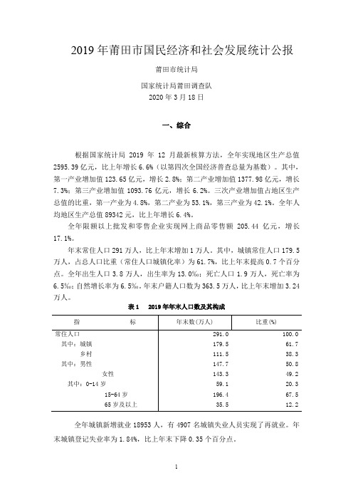 2019年莆田市国民经济和社会发展统计公报