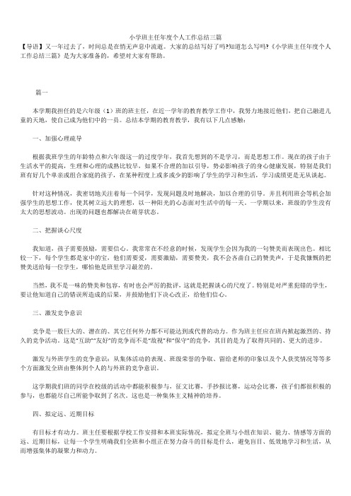 2019最新版小学班主任个人年度工作总结三篇