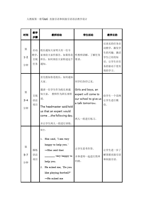 人教版第一册Unit1 直接引语和间接引语语法教学设计