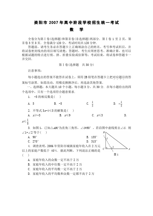 四川省资阳市2007年数学中考题及答案
