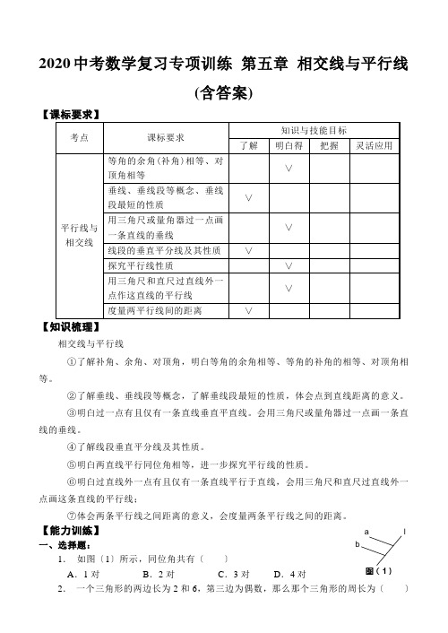 2020中考数学复习专项训练 第五章 相交线与平行线(含答案)