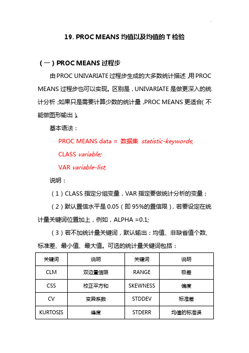 SAS知识学习系列19.PROCMEANS均值以及均值的T检验