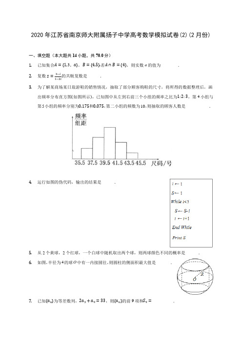 2020年江苏省南京师大附属扬子中学高考数学模拟试卷(2)(2月份)(有解析)