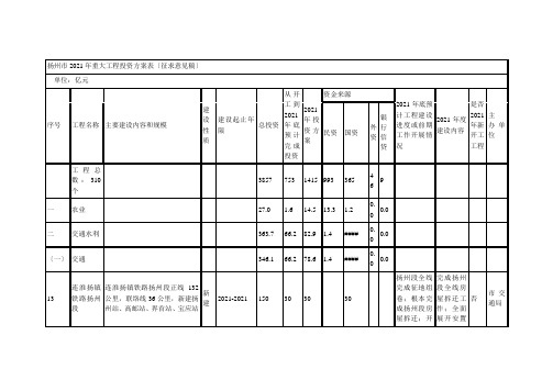 扬州市XXXX年重大项目投资计划表