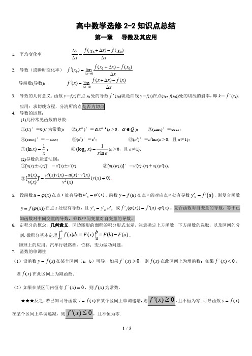 高中数学选修2-2第一章知识点及测试题(简约打印版)讲课讲稿