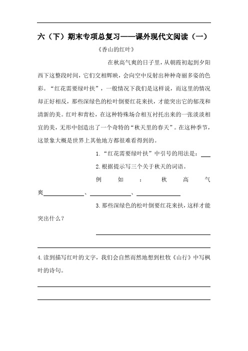 六年级语文下册期末专项总复习 课外现代文阅读(一)(人教部编版,含答案)