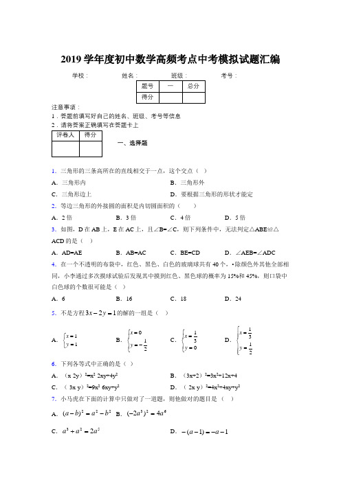 2019学年度初中数学高频考点中考模拟试题汇编9890930