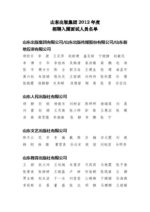 山东出版集团2012年度招聘入围面试人员名单doc