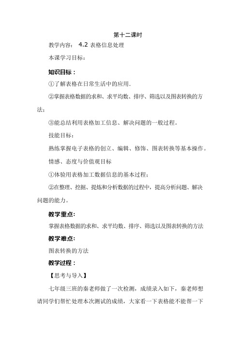初中信息技术《表格信息处理》教案、教学设计
