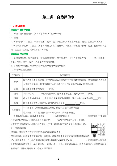 第3讲 自然界的水-2020-2021学年中考化学复习专题讲义(人教版)(原卷版)