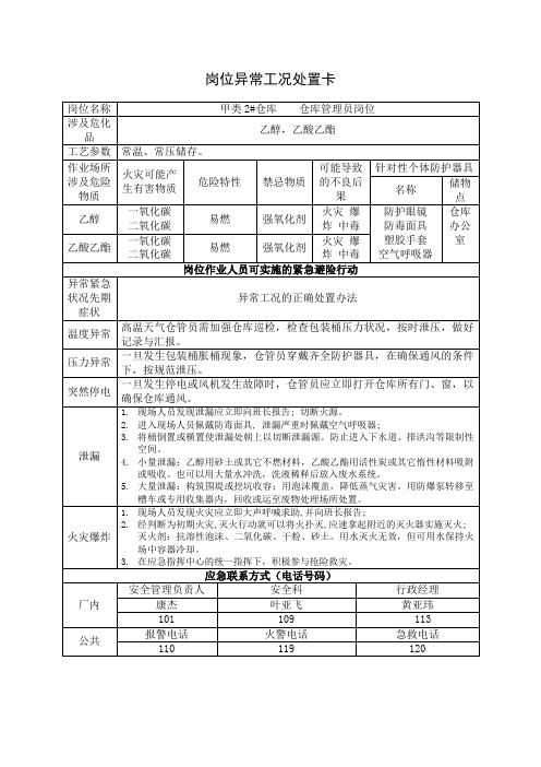 乙醇 乙酸乙酯岗位异常工况处置卡