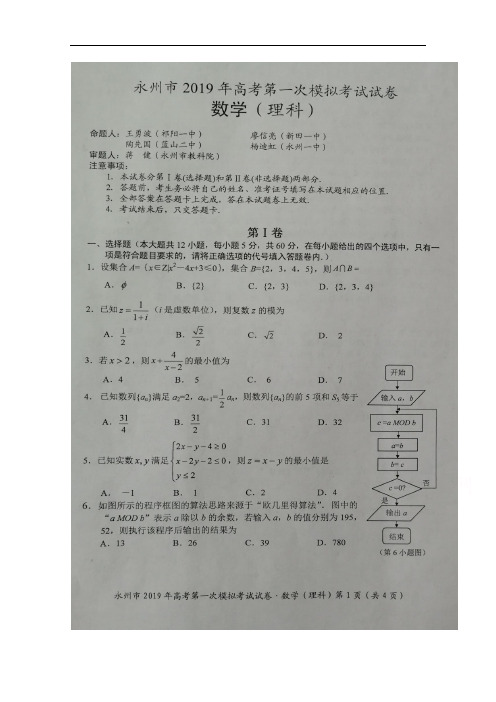 湖南省永州市2019届高三上学期第一次模拟考试数学(理)