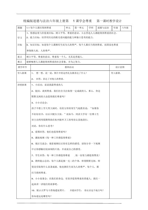 【2020年春】部编版六年级道德与法治下册1.学会尊重第一课时教案(20200119134503)