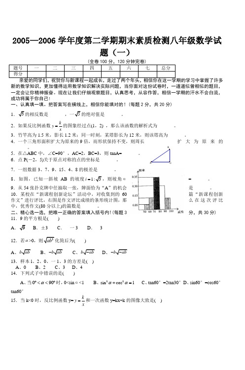 20052006学年度第二学期期末素质检测八年级