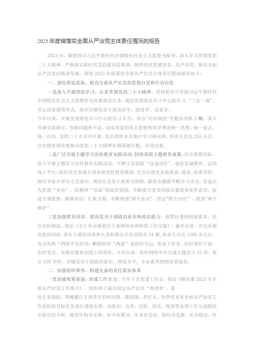 2023年度镇落实全面从严治党主体责任情况的报告