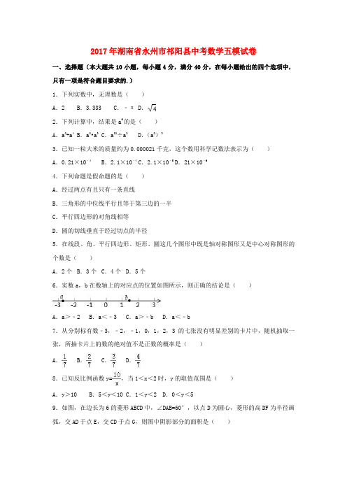 湖南省永州市祁阳县2017年中考数学五模试卷(含解析)
