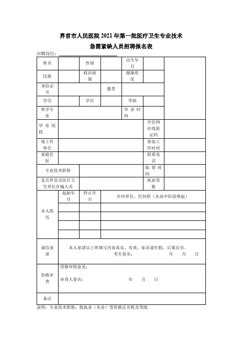 界首市人民医院2021年第一批医疗卫生专业技术急需紧缺人员招聘报名表【模板】