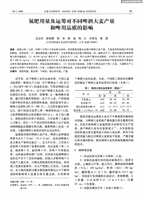 氮肥用量及运筹对不同啤酒大麦产量和啤用品质的影响