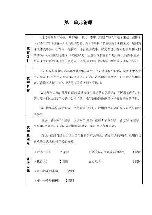 最新部编版小学二年级语文下册第一单元备课