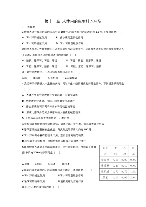 第十一章人体内的废物排入环境章节练习2022-2023学年苏教版生物七年级下册