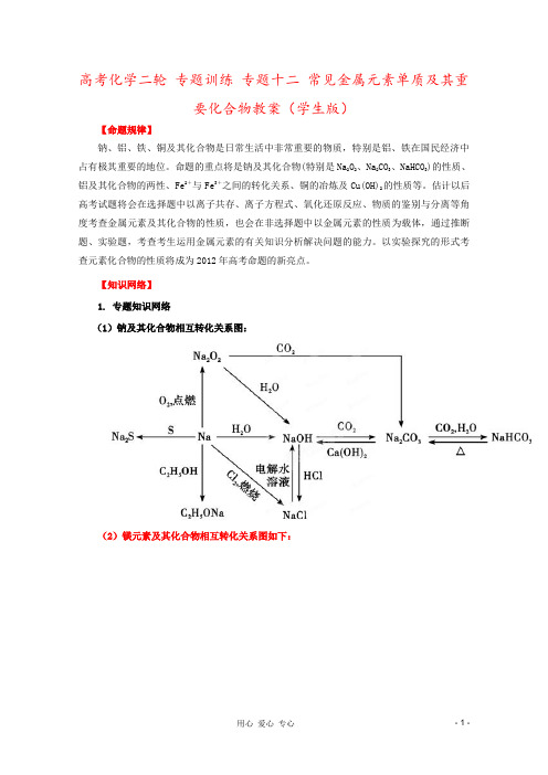 高考化学二轮 专题训练 专题十二 常见金属元素单质及其重要化合物教案(学生版)