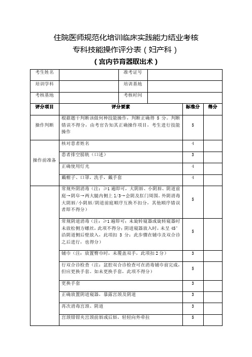 住院医师规范化培训临床实践能力结业考核专科技能操作评分表(妇产科)宫内节育器取出术