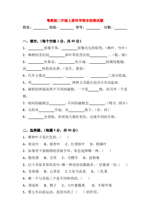 粤教版二年级上册科学期末检测试题