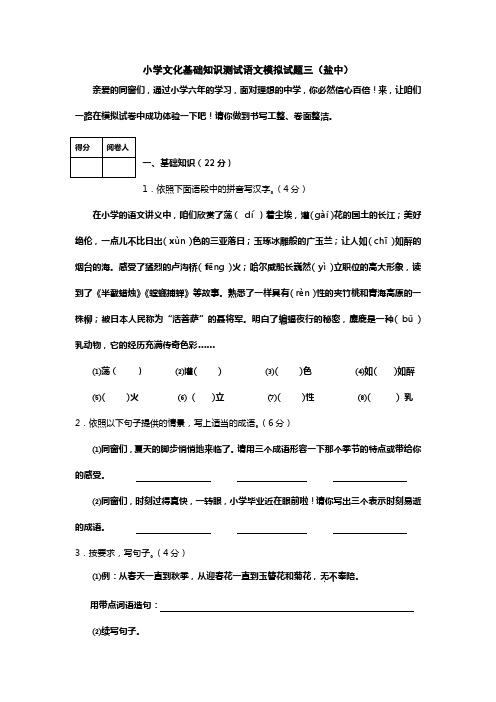 盐城中学小升初语文模拟试题
