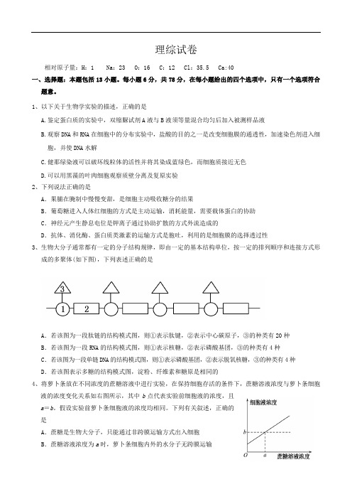 宁夏银川市宁夏大学附属中学2021届高三第一学期第二次月考理综试卷